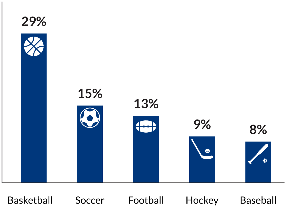 Top 5 sports by total wagers. Basketball 29%, Soccer 15%, Football 13%, Hockey 9%, Baseball 8%.